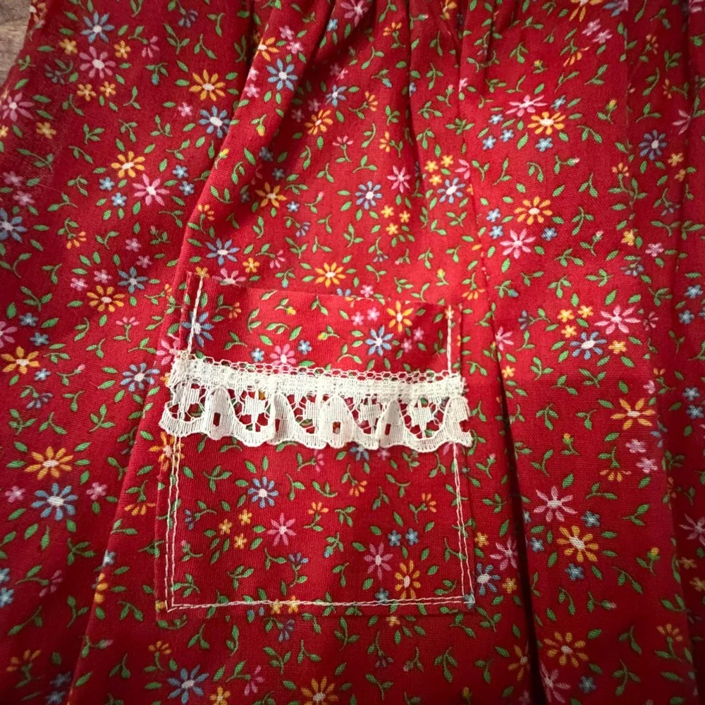 Handmade Vintage Style Clothespin Holder Apron Red Floral Ticking Stripe Lace